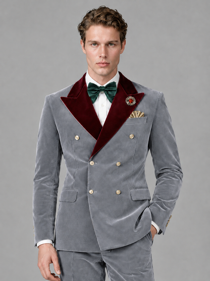 Savile Men's Silver Velvet Double-Breasted 2-Piece Tuxedo Suit with Burgundy Peak Lapel - Silver