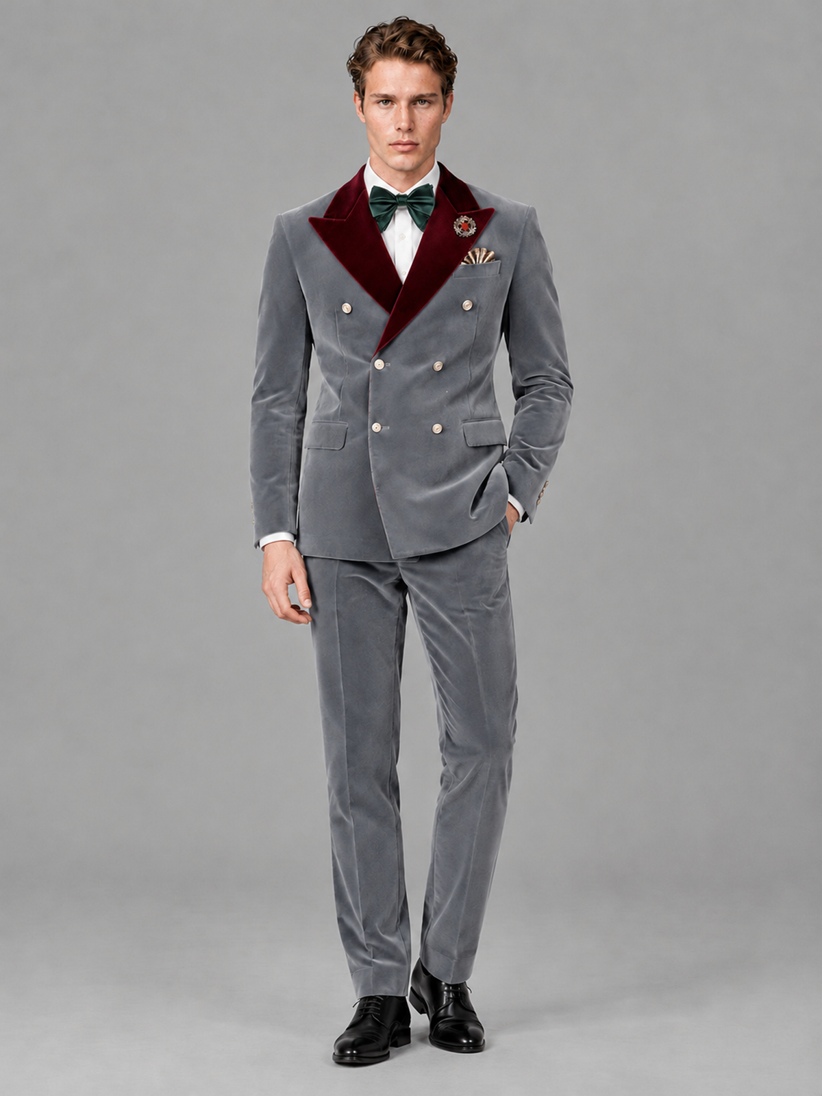 Savile Men's Silver Velvet Double-Breasted 2-Piece Tuxedo Suit with Burgundy Peak Lapel - Silver