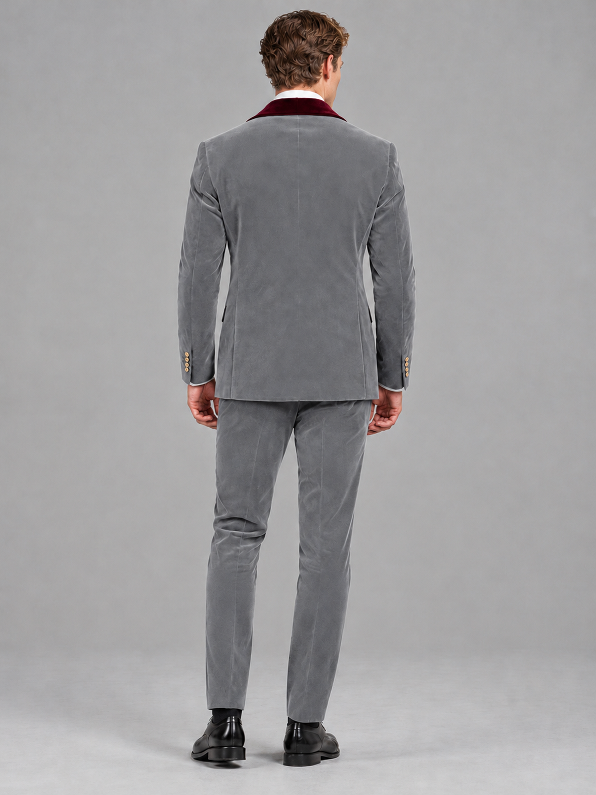 Savile Men's Silver Velvet Double-Breasted 2-Piece Tuxedo Suit with Burgundy Peak Lapel - Silver