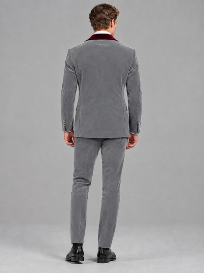 Savile Men's Silver Velvet Double-Breasted 2-Piece Tuxedo Suit with Burgundy Peak Lapel - Silver
