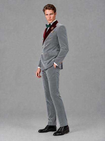 Savile Men's Silver Velvet Double-Breasted 2-Piece Tuxedo Suit with Burgundy Peak Lapel - Silver