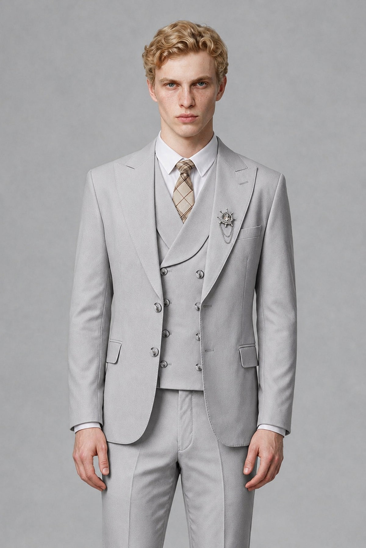 Savile Men's Silver Three-Piece Wedding Suit with Double-Breasted Waistcoat - Silver
