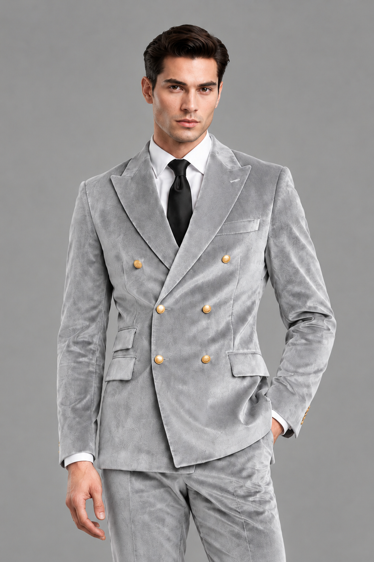 Savile Men's Silver Velvet Double-Breasted 2-Piece Suit Set | Peak Lapel Blazer & Trousers - Silver