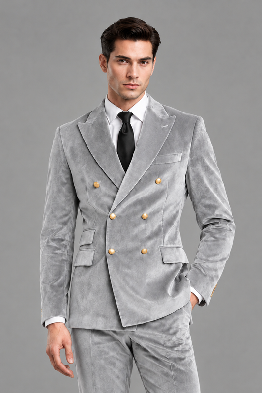 Savile Men's Silver Velvet Double-Breasted 2-Piece Suit Set | Peak Lapel Blazer & Trousers - Silver