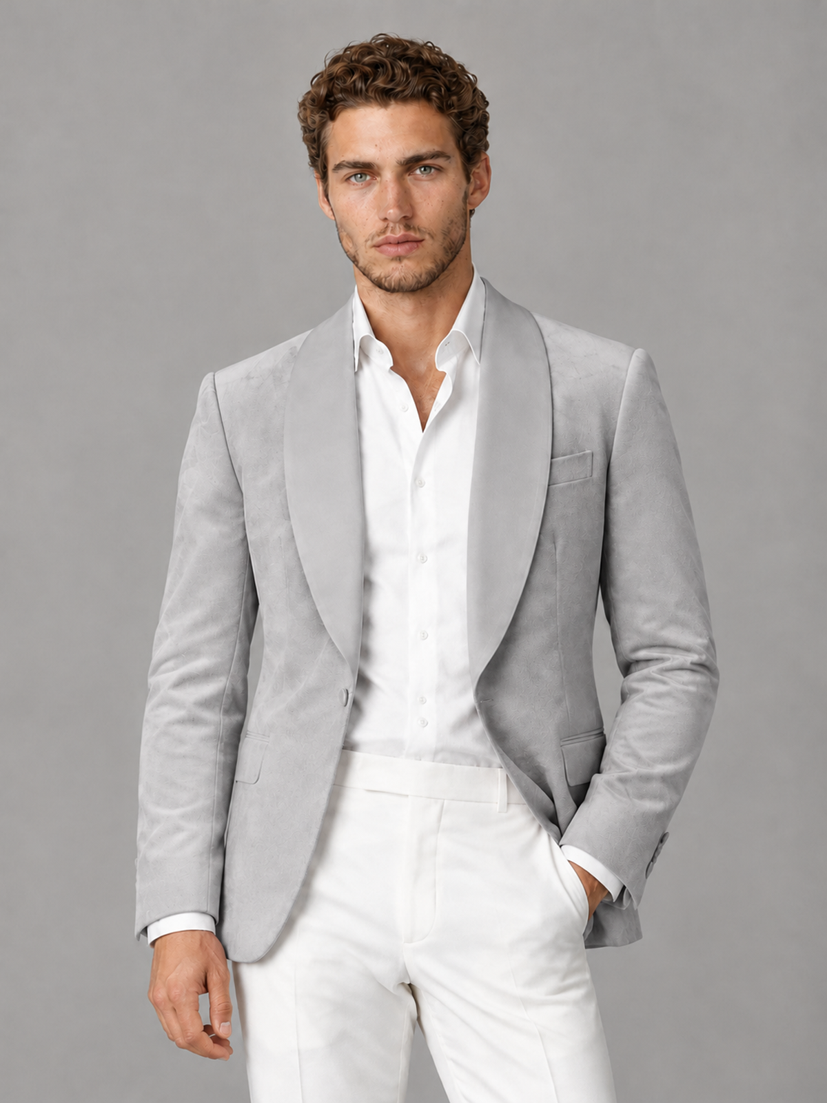 Savile Men's Silver Velvet Shawl Lapel 2-Piece Tuxedo Suit Set | Jacket & White Trousers - Silver - Silver (1)