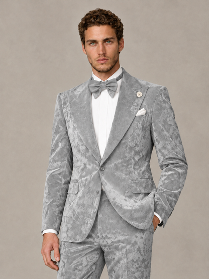 Savile Men's Silver Crushed Velvet Peak Lapel 2-Piece Suit Set | Jacket & Trousers - Silver - Silver (1)