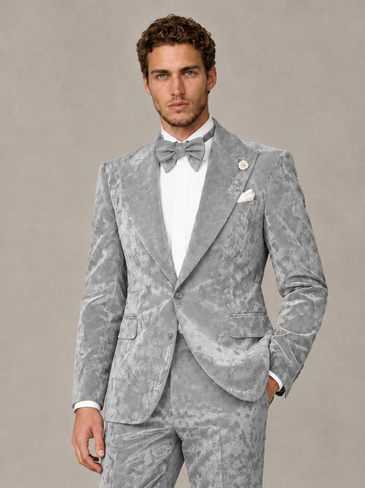 Savile Men's Silver Crushed Velvet Peak Lapel 2-Piece Suit Set | Jacket & Trousers - Silver - Silver (1)