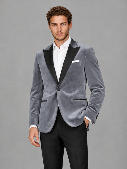 Savile Men's Silver Velvet Peak Lapel 2-Piece Tuxedo Suit Set | Jacket & Trousers - Silver