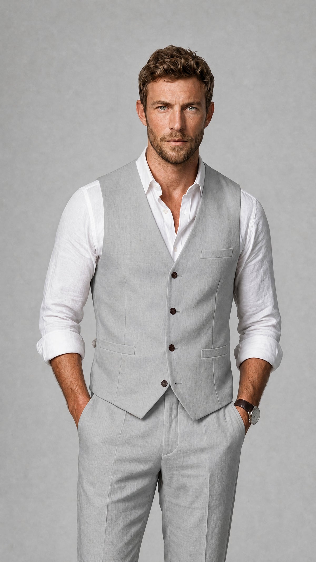 Men's Silver Linen Blend Single-Breasted V-Neck Suit Vest | Savile QX0101 - Silver