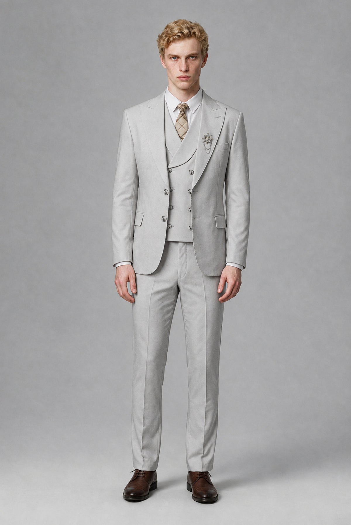 Savile Men's Silver Three-Piece Wedding Suit with Double-Breasted Waistcoat - Silver