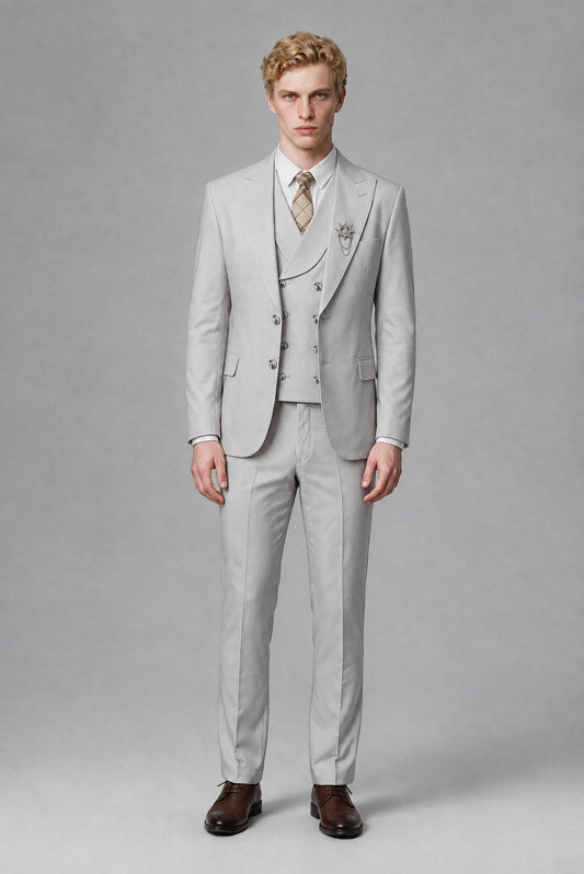 Savile Men's Silver Three-Piece Wedding Suit with Double-Breasted Waistcoat - Silver