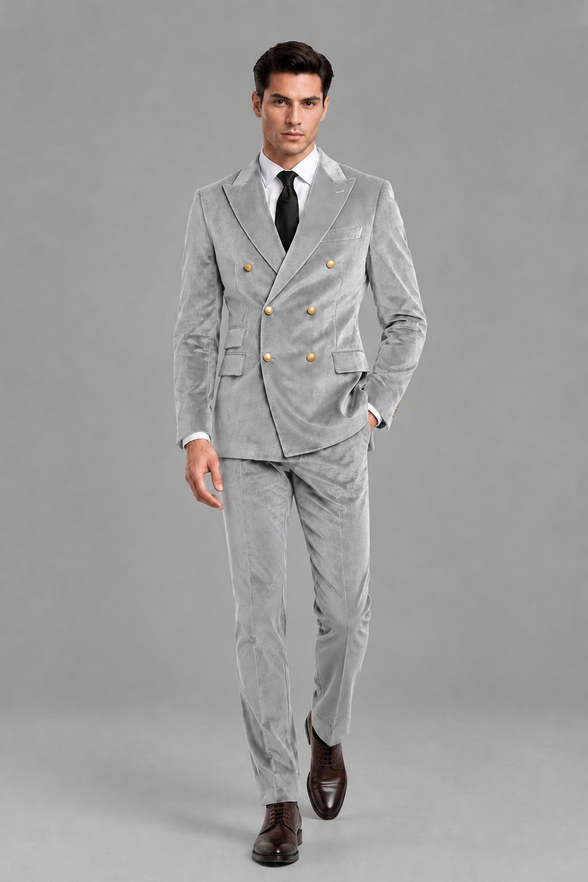 Savile Men's Silver Velvet Double-Breasted 2-Piece Suit Set | Peak Lapel Blazer & Trousers - Silver