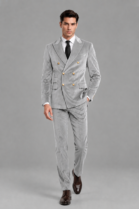 Savile Men's Silver Velvet Double-Breasted 2-Piece Suit Set | Peak Lapel Blazer & Trousers - Silver