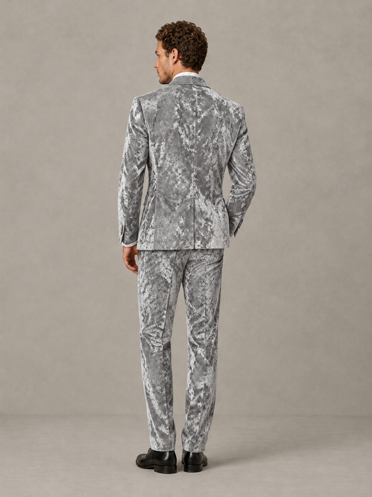 Savile Men's Silver Crushed Velvet Peak Lapel 2-Piece Suit Set | Jacket & Trousers - Silver - Silver (2)