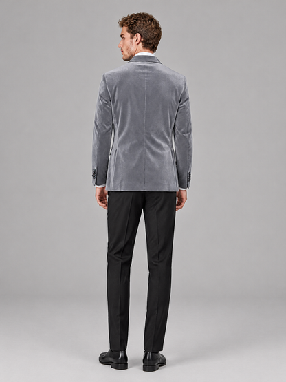 Savile Men's Silver Velvet Peak Lapel 2-Piece Tuxedo Suit Set | Jacket & Trousers - Silver