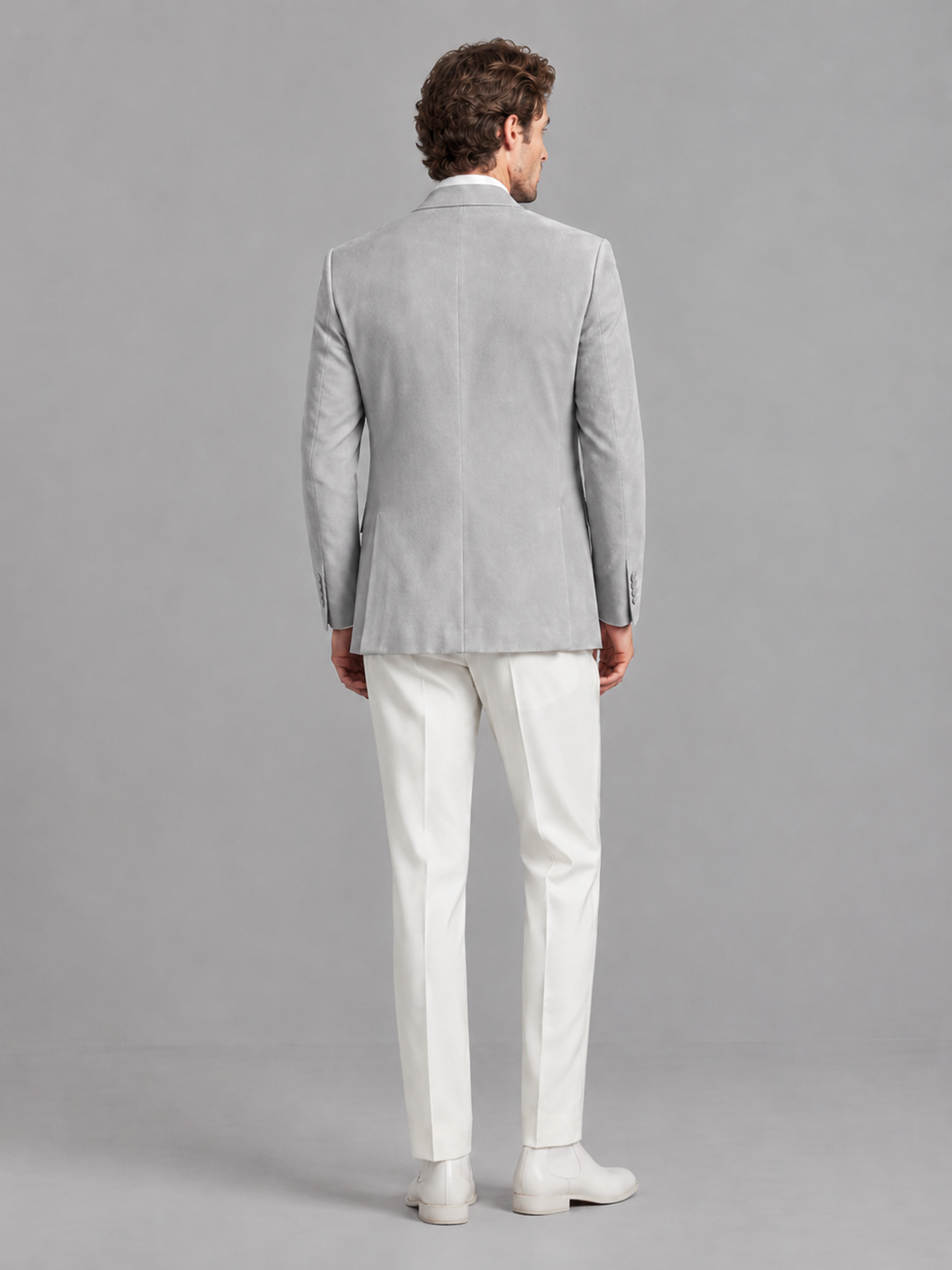 Savile Men's Silver Velvet Shawl Lapel 2-Piece Tuxedo Suit Set | Jacket & White Trousers - Silver - Silver (2)