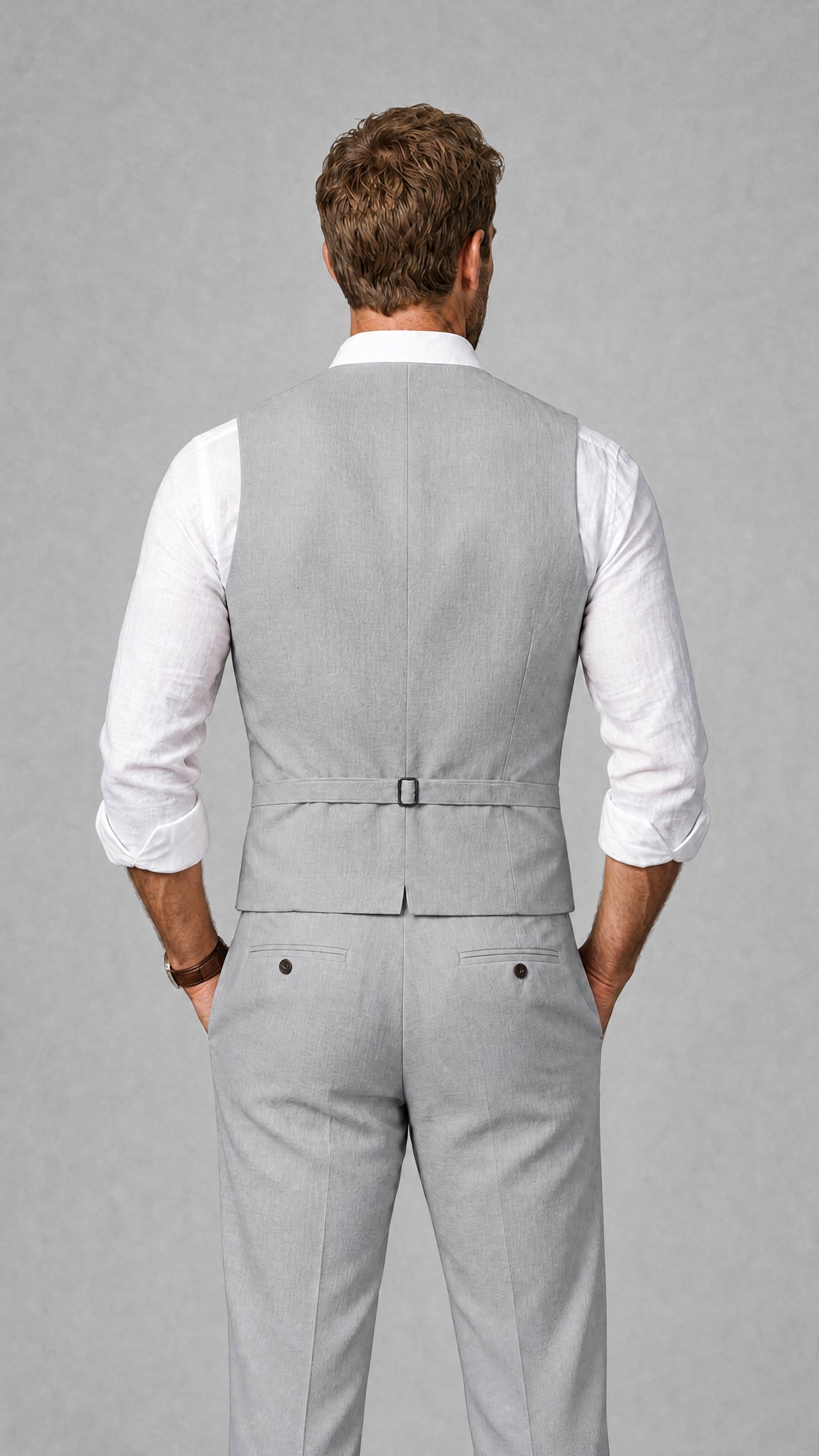 Men's Silver Linen Blend Single-Breasted V-Neck Suit Vest | Savile QX0101 - Silver