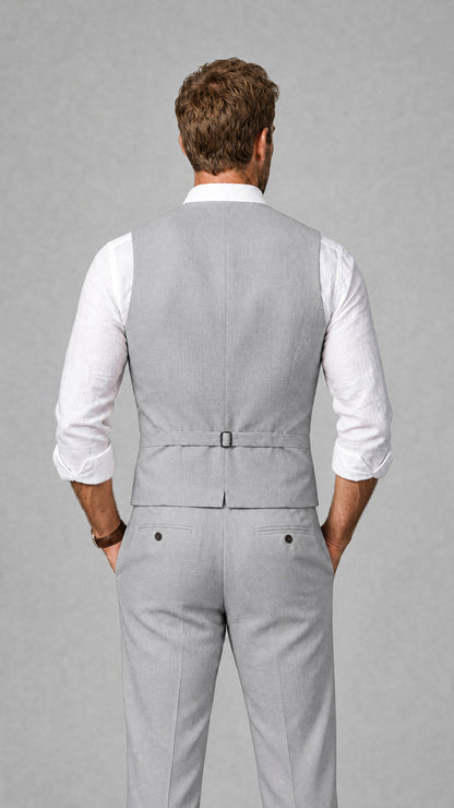 Men's Silver Linen Blend Single-Breasted V-Neck Suit Vest | Savile QX0101 - Silver