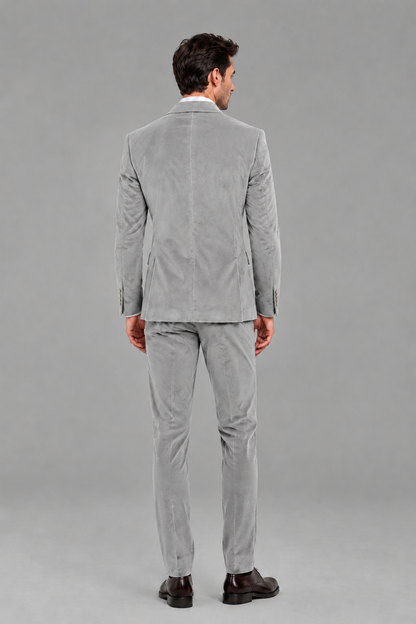 Savile Men's Silver Velvet Double-Breasted 2-Piece Suit Set | Peak Lapel Blazer & Trousers - Silver