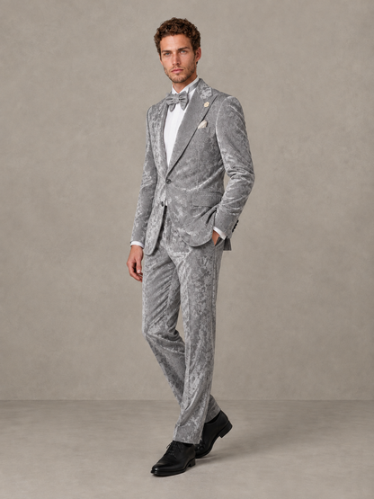 Savile Men's Silver Crushed Velvet Peak Lapel 2-Piece Suit Set | Jacket & Trousers - Silver - Silver (3)