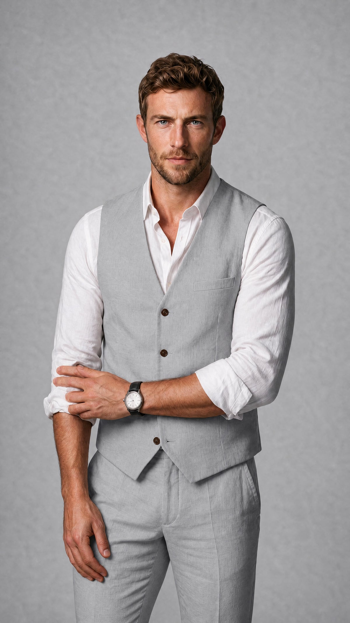 Men's Silver Linen Blend Single-Breasted V-Neck Suit Vest | Savile QX0101 - Silver