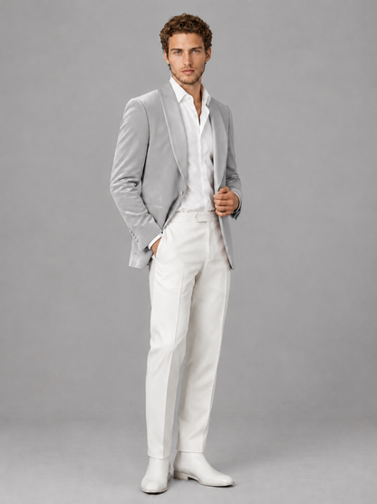 Savile Men's Silver Velvet Shawl Lapel 2-Piece Tuxedo Suit Set | Jacket & White Trousers - Silver - Silver (3)