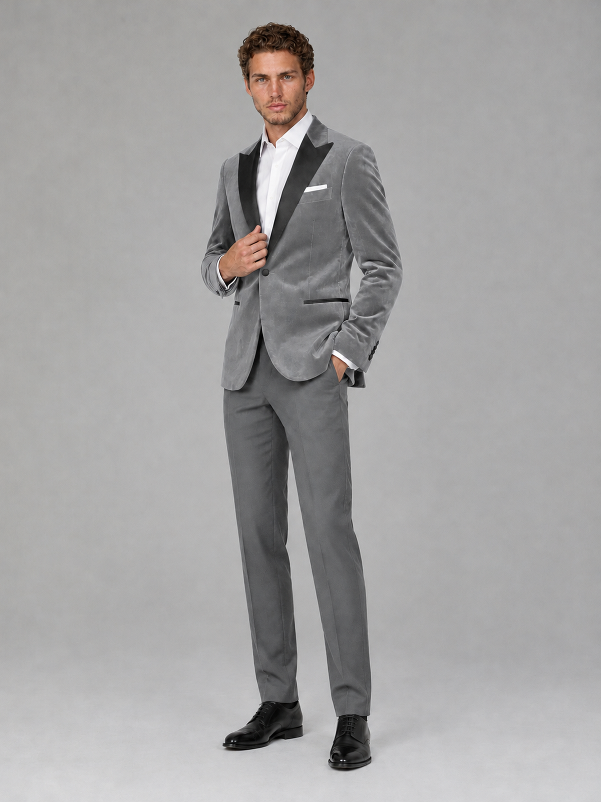 Savile Men's Silver Velvet Peak Lapel 2-Piece Tuxedo Suit Set | Jacket & Trousers - Silver