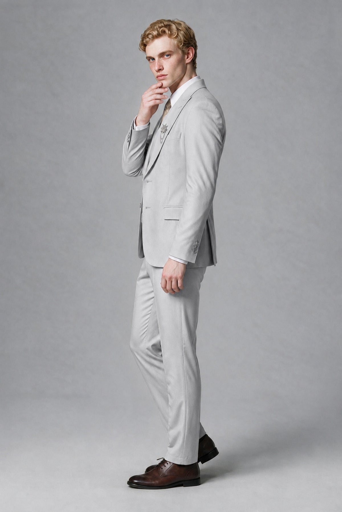 Savile Men's Silver Three-Piece Wedding Suit with Double-Breasted Waistcoat - Silver