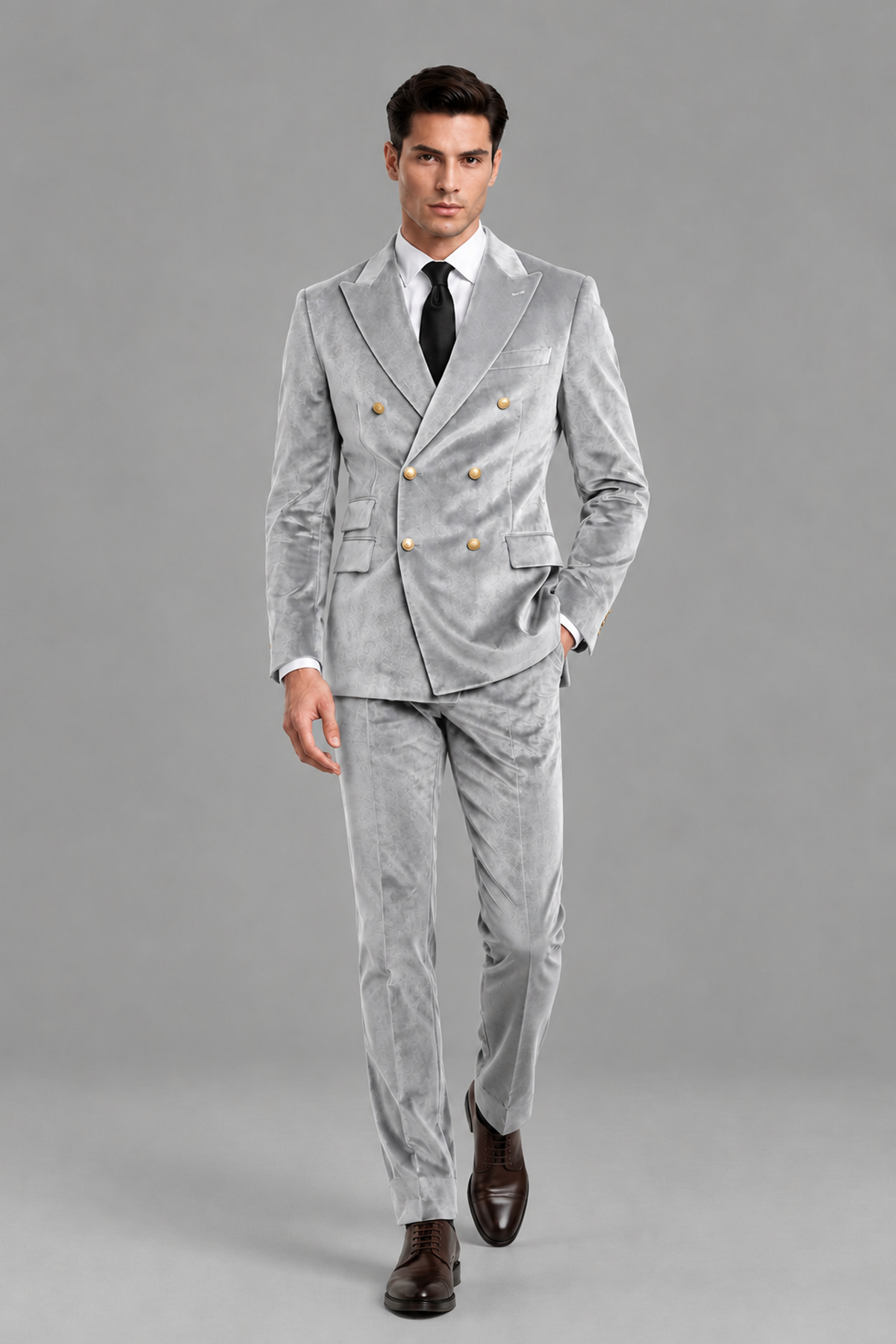 Savile Men's Silver Velvet Double-Breasted 2-Piece Suit Set | Peak Lapel Blazer & Trousers - Silver