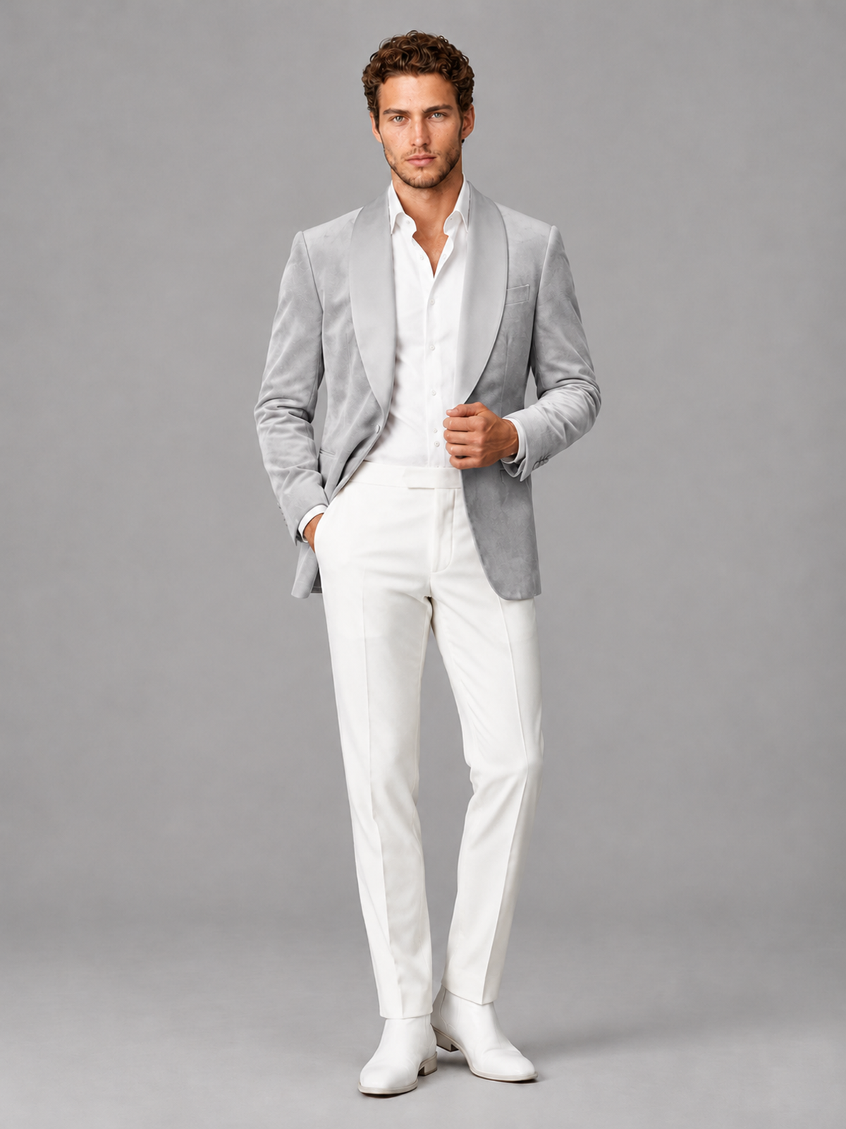 Savile Men's Silver Velvet Shawl Lapel 2-Piece Tuxedo Suit Set | Jacket & White Trousers - Silver - Silver (4)