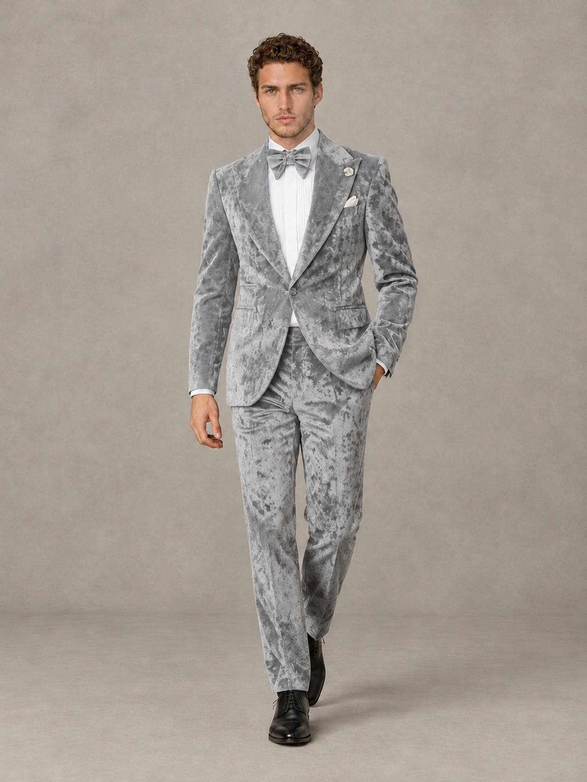 Savile Men's Silver Crushed Velvet Peak Lapel 2-Piece Suit Set | Jacket & Trousers - Silver - Silver (4)