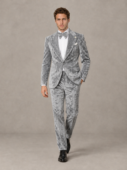 Savile Men's Silver Crushed Velvet Peak Lapel 2-Piece Suit Set | Jacket & Trousers - Silver - Silver (4)