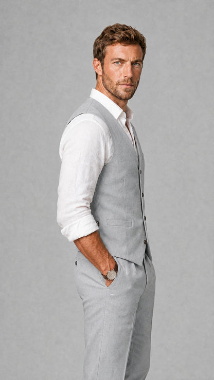 Men's Silver Linen Blend Single-Breasted V-Neck Suit Vest | Savile QX0101 - Silver