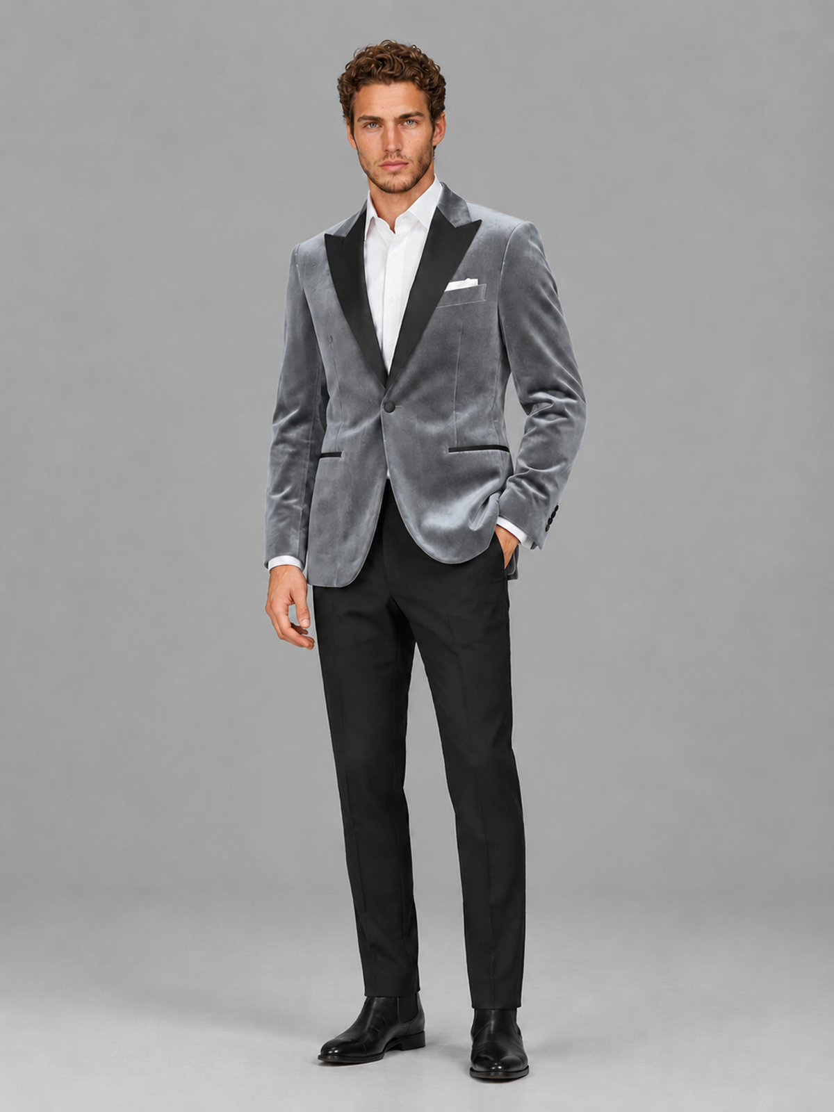 Savile Men's Silver Velvet Peak Lapel 2-Piece Tuxedo Suit Set | Jacket & Trousers - Silver
