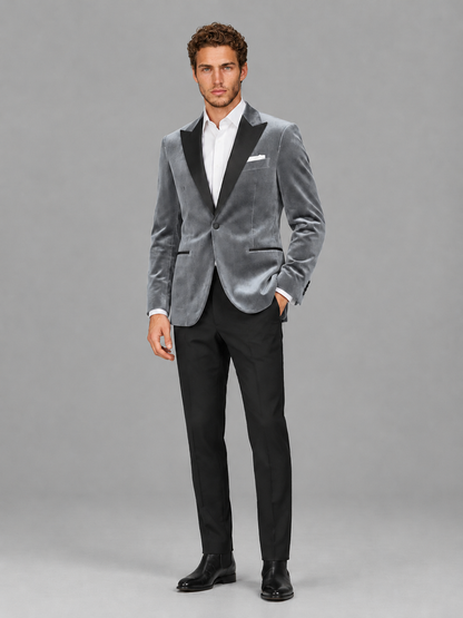 Savile Men's Silver Velvet Peak Lapel 2-Piece Tuxedo Suit Set | Jacket & Trousers - Silver