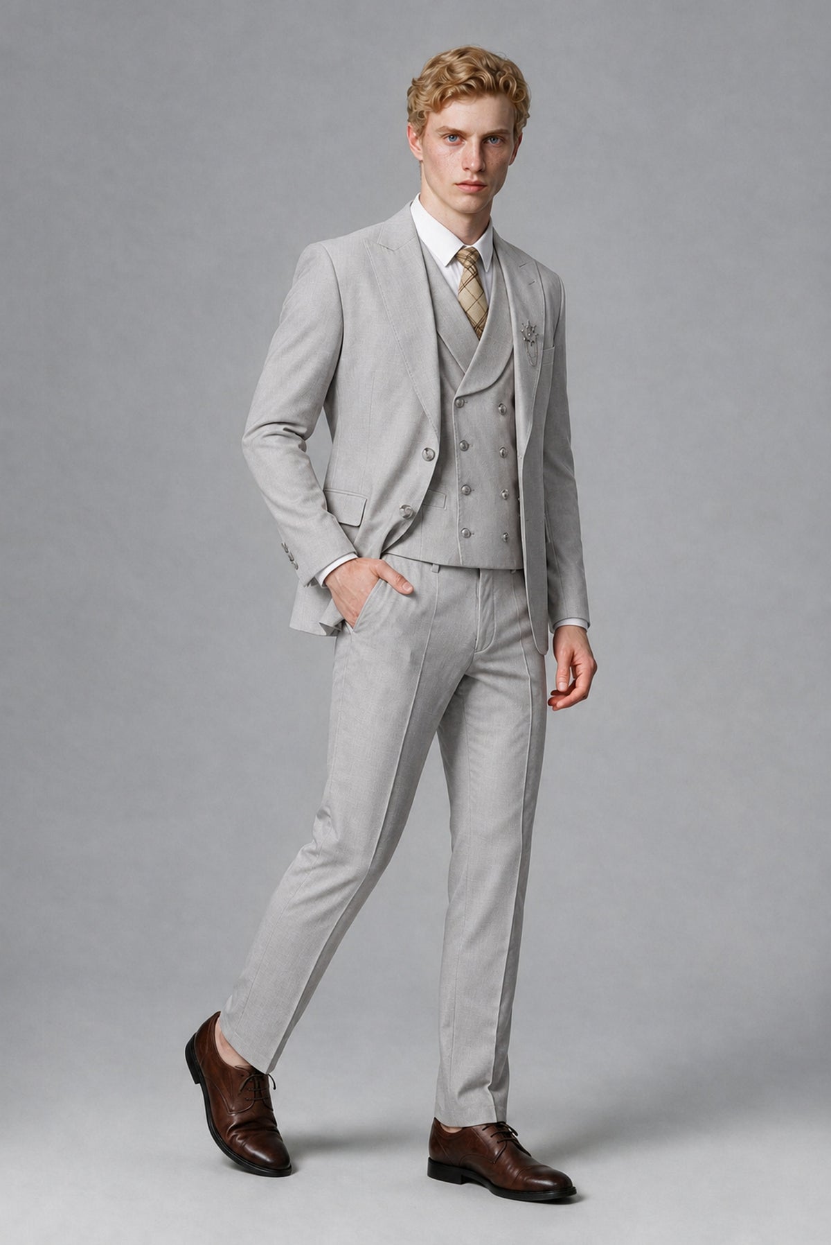 Savile Men's Silver Three-Piece Wedding Suit with Double-Breasted Waistcoat - Silver