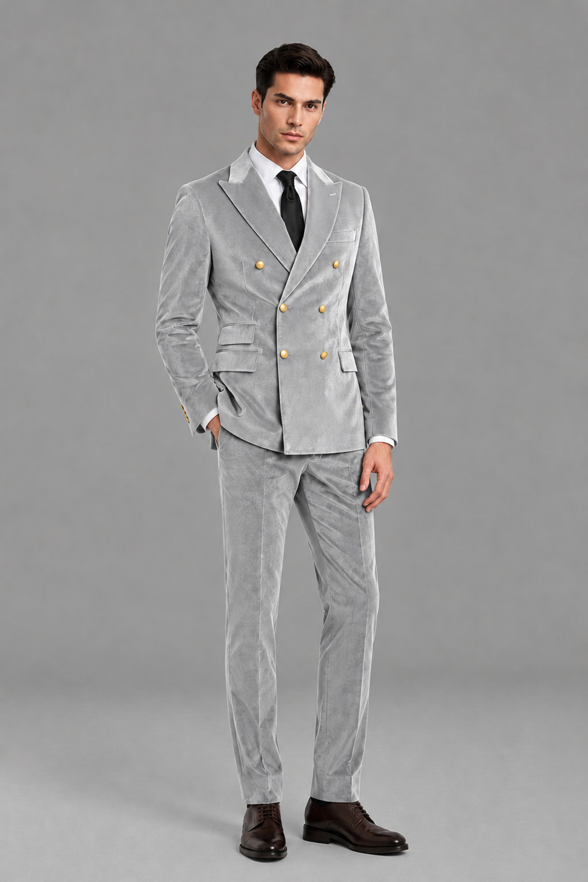 Savile Men's Silver Velvet Double-Breasted 2-Piece Suit Set | Peak Lapel Blazer & Trousers - Silver