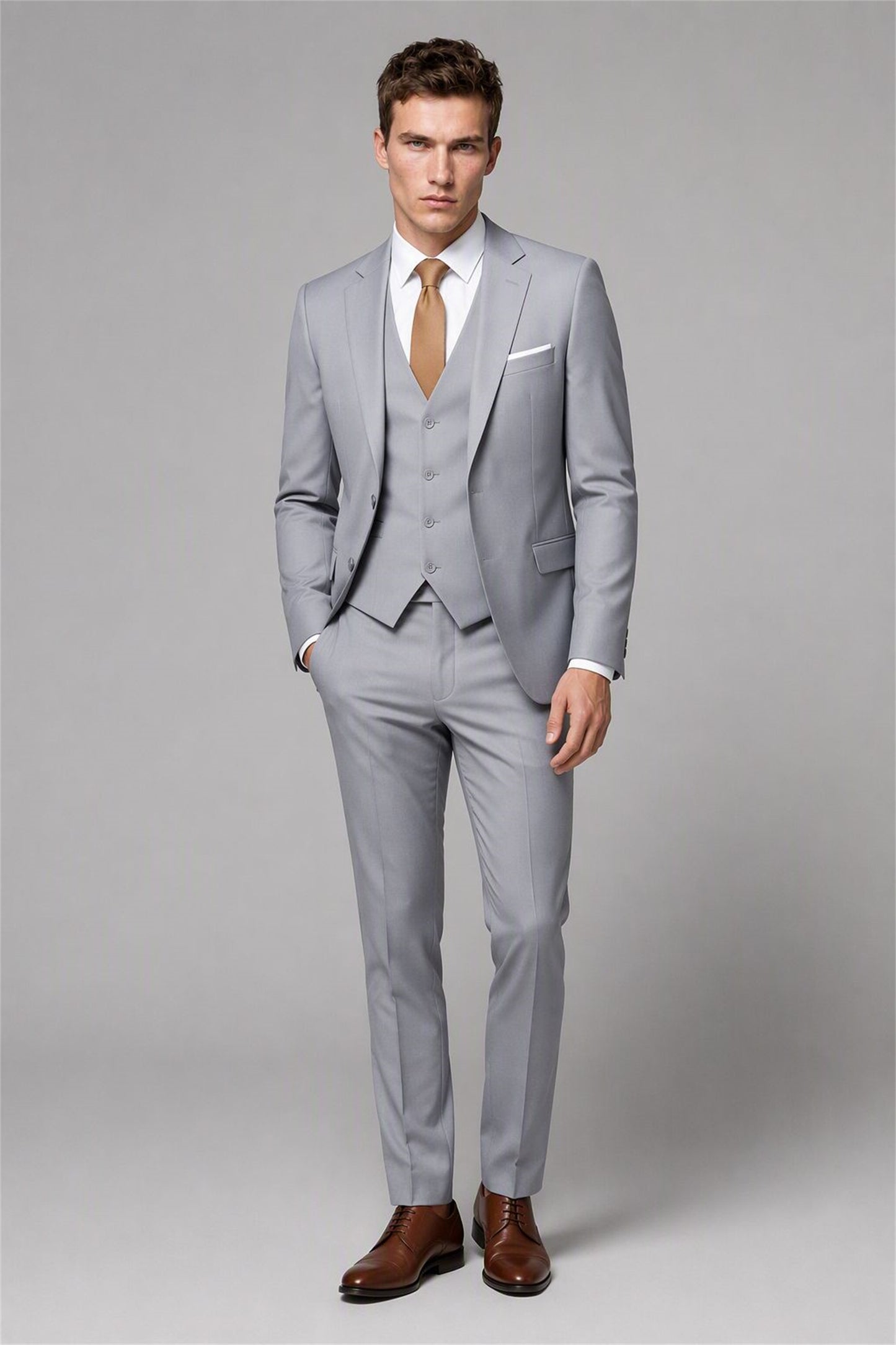 Men's Silver 3-Piece Slim Fit Suit - Walking Full Length | Savile AA0002