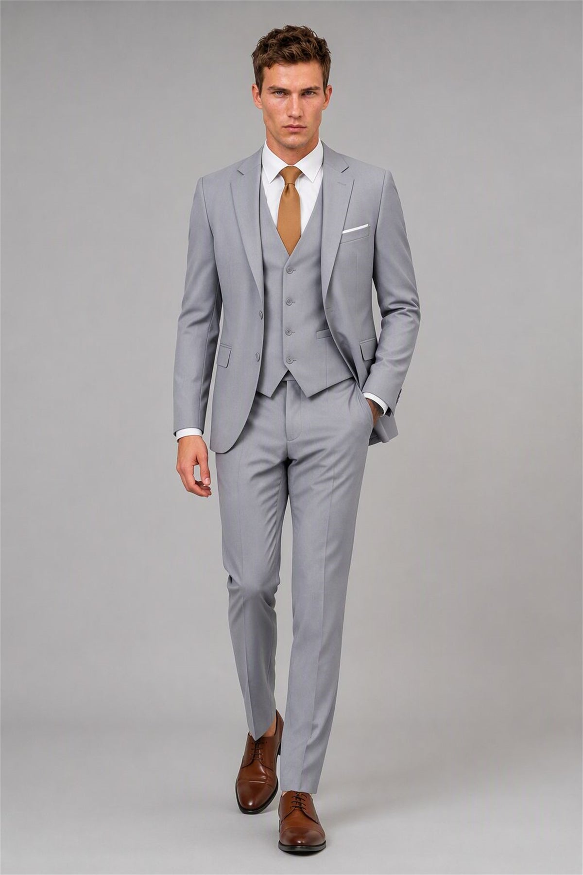 Men's Silver 3-Piece Slim Fit Suit - Front Full Length | Savile AA0002