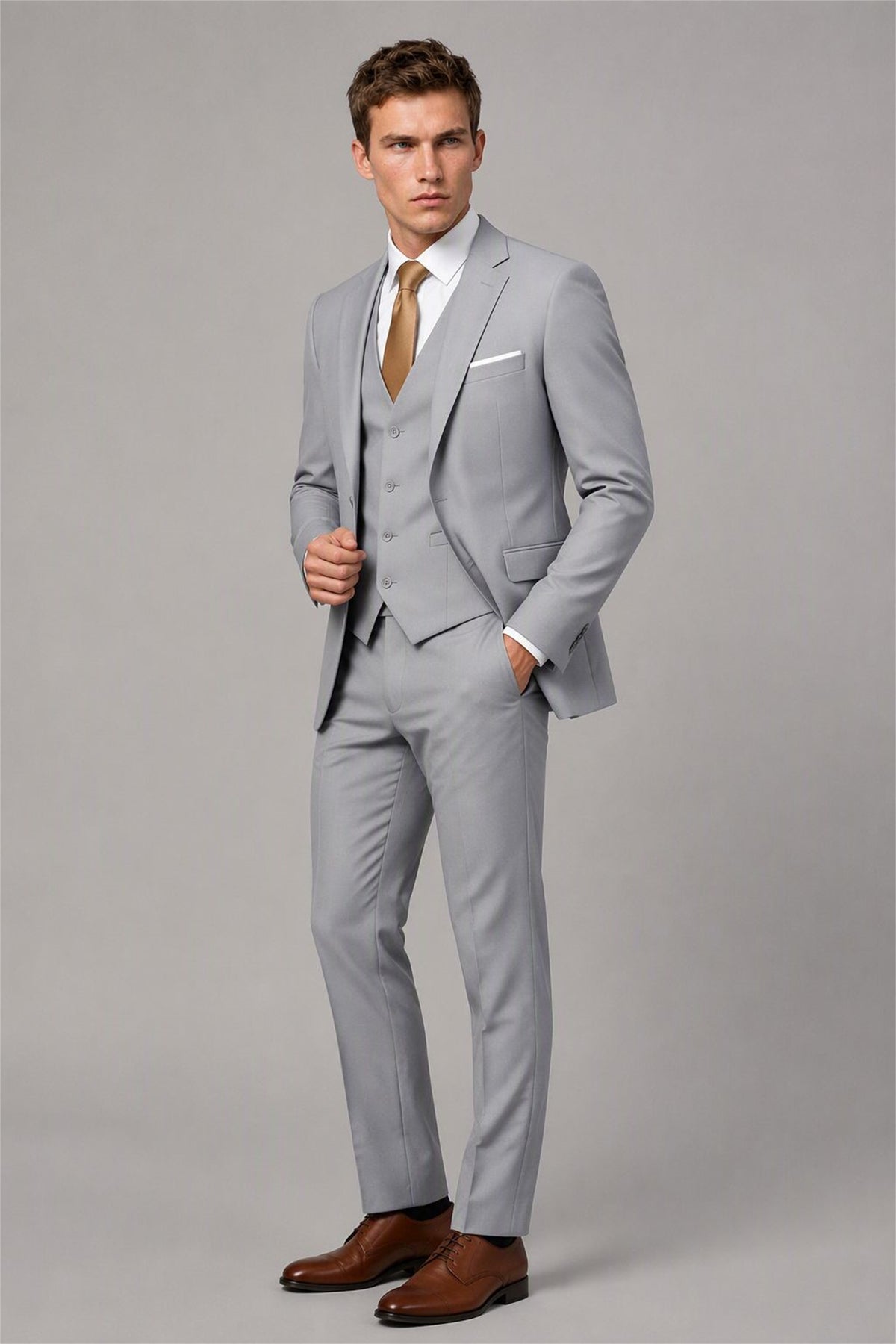 Men's Silver 3-Piece Slim Fit Suit - Three-Quarter View | Savile AA0002