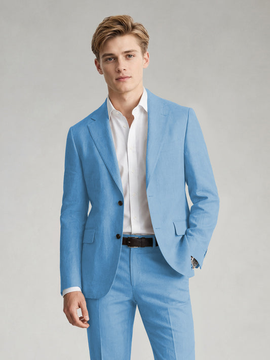 Savile Men's Sand Khaki Linen-Blend 2-Piece Suit Set – Two-Button Notch Lapel Slim-Fit Blazer & Slim Trousers - Sky Blue - Sky_Blue