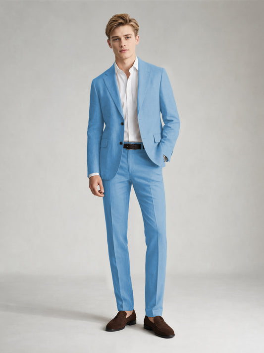 Savile Men's Sand Khaki Linen-Blend 2-Piece Suit Set – Two-Button Notch Lapel Slim-Fit Blazer & Slim Trousers - Sky Blue - Sky_Blue
