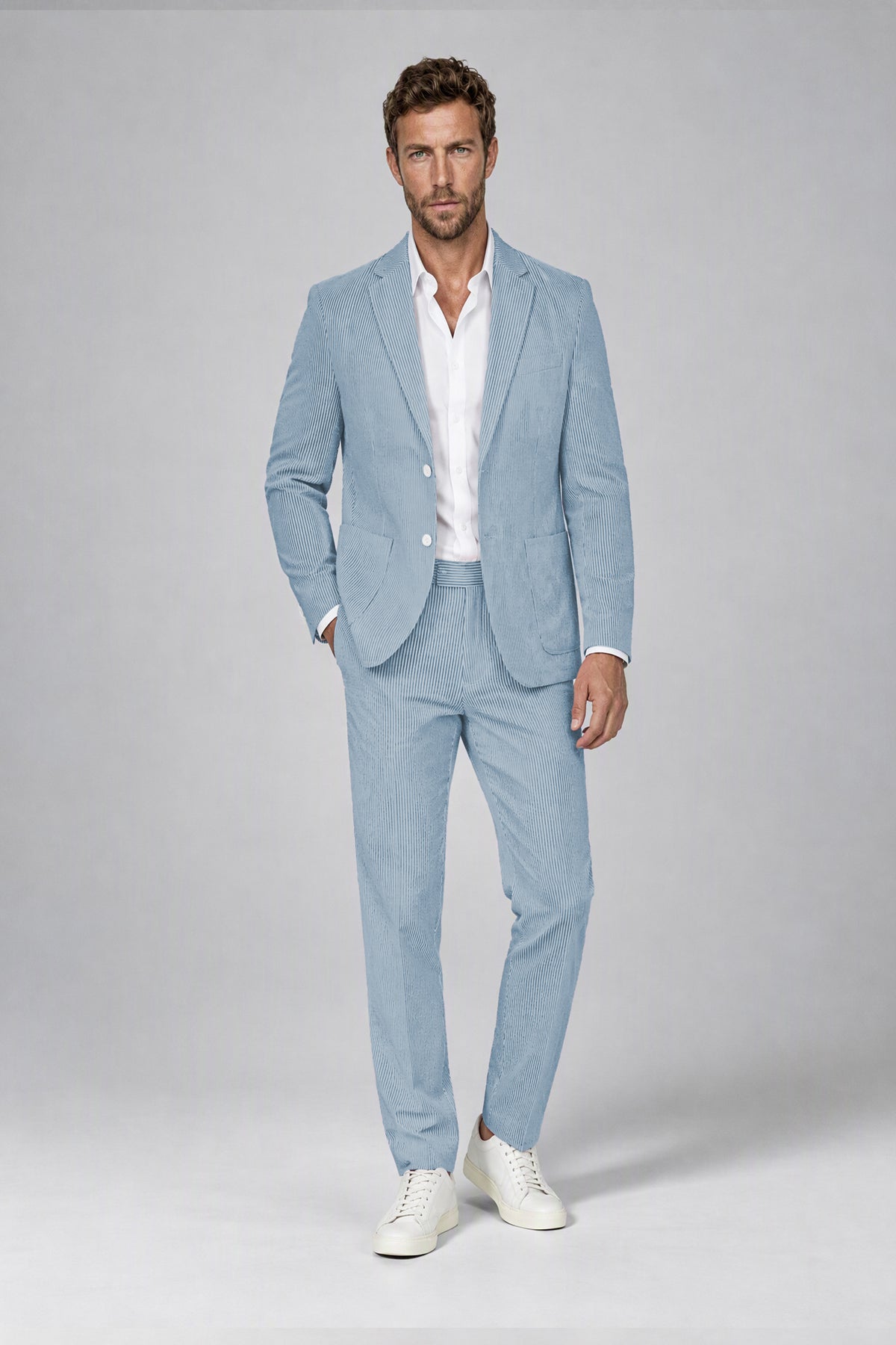Savile Men's Sky Blue Striped 2-Piece Suit Set – Notch Lapel Blazer & Tailored Trousers - Sky Blue - Sky_Blue(2)