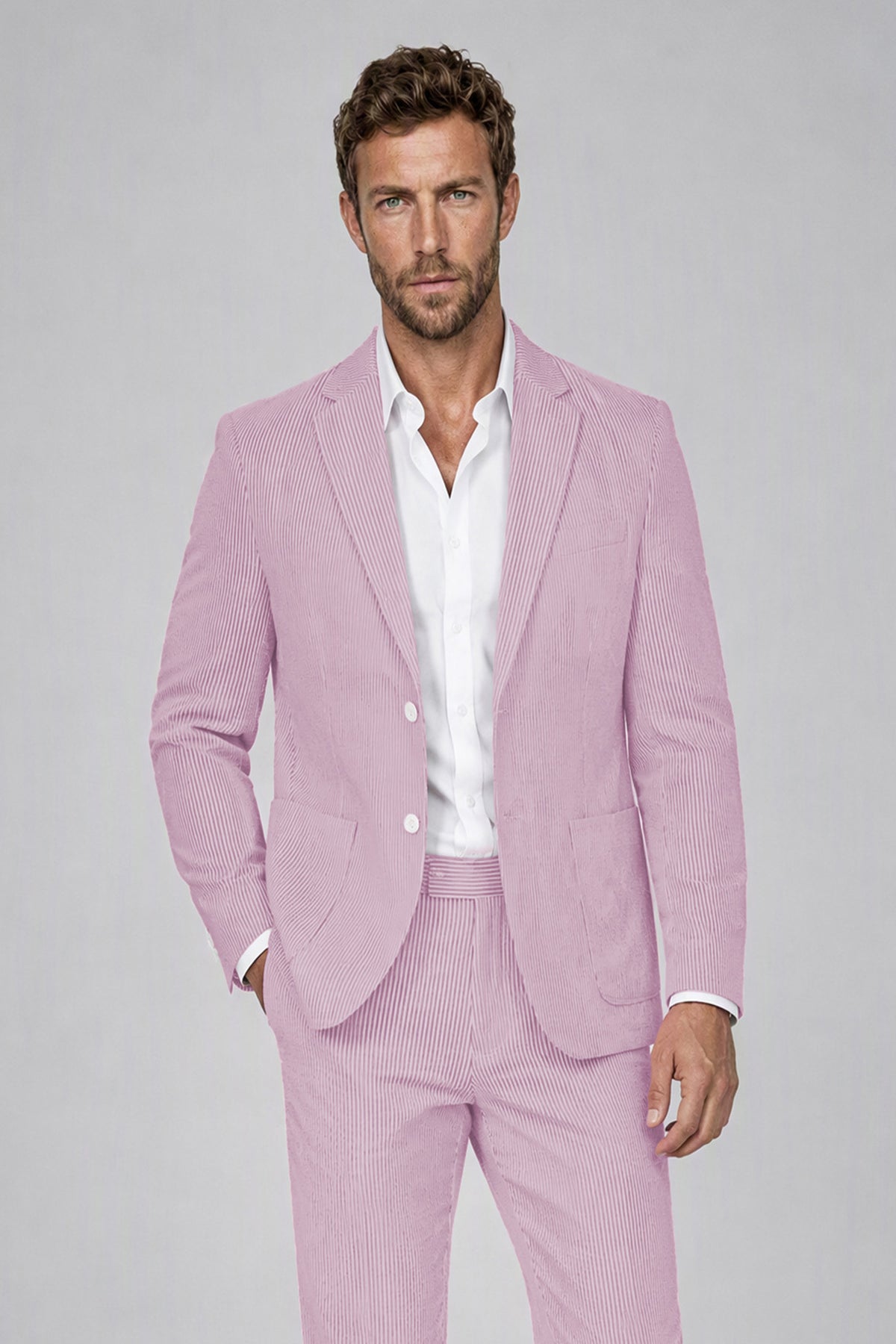 Savile Men's Soft Pink Striped 2-Piece Suit Set – Notch Lapel Blazer & Tailored Trousers - Soft Pink - Soft_Pink(1)