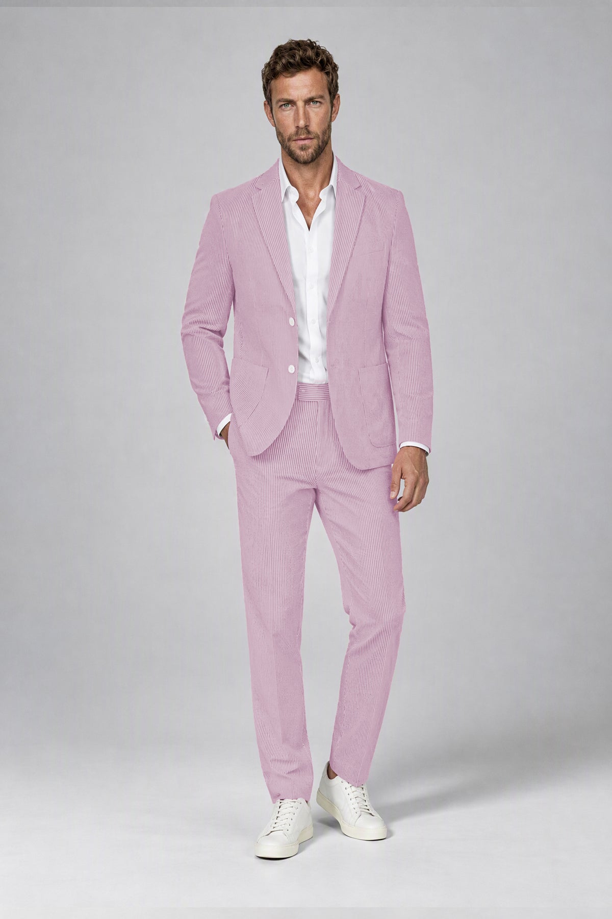 Savile Men's Soft Pink Striped 2-Piece Suit Set – Notch Lapel Blazer & Tailored Trousers - Soft Pink - Soft_Pink(2)