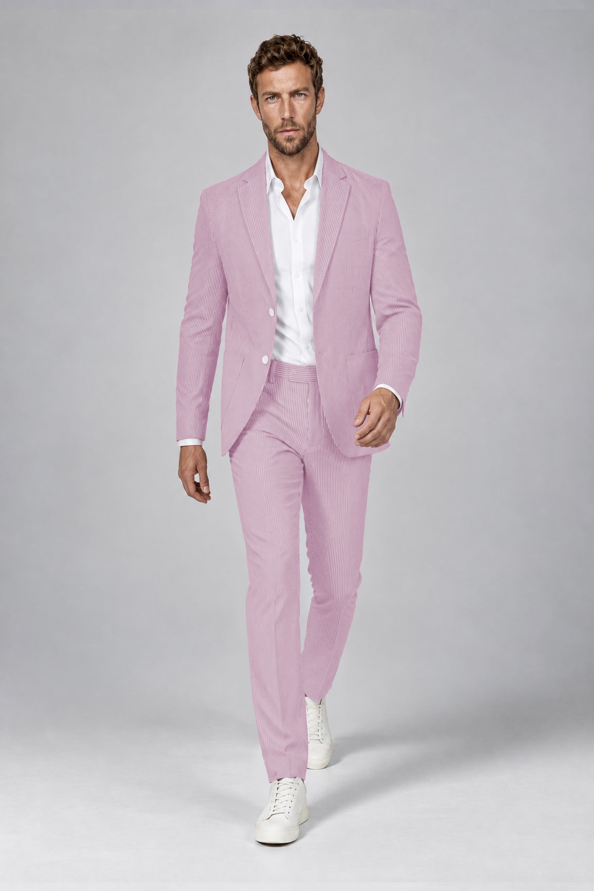 Savile Men's Soft Pink Striped 2-Piece Suit Set – Notch Lapel Blazer & Tailored Trousers - Soft Pink - Soft_Pink(4)