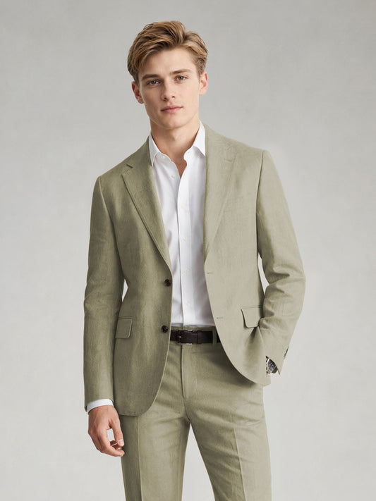 Savile Men's Sand Khaki Linen-Blend 2-Piece Suit Set – Two-Button Notch Lapel Slim-Fit Blazer & Slim Trousers - Tan - Tan