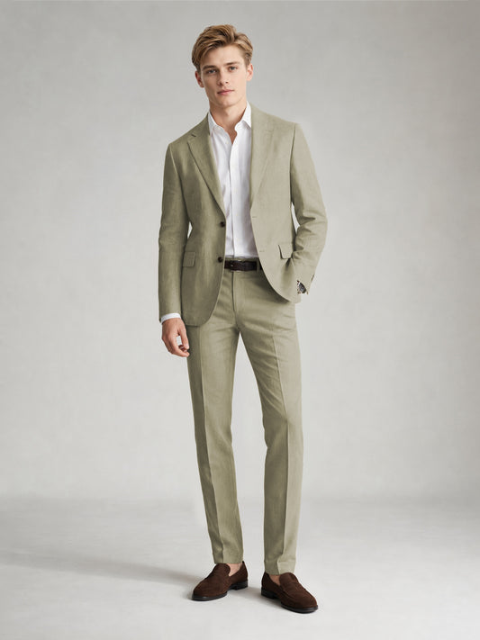 Savile Men's Sand Khaki Linen-Blend 2-Piece Suit Set – Two-Button Notch Lapel Slim-Fit Blazer & Slim Trousers - Tan - Tan