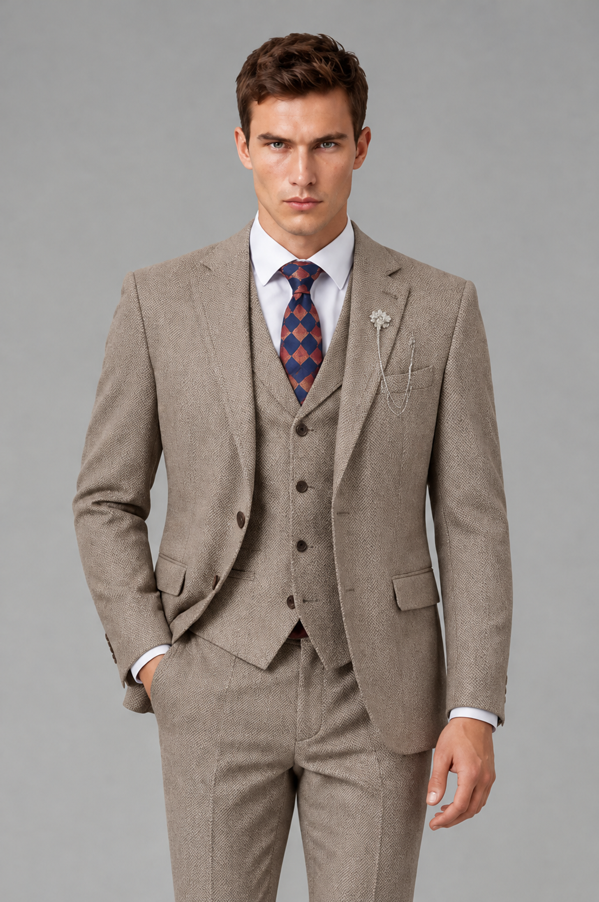Savile Men's Grey Notch Lapel 3-Piece Suit Set | Jacket, Vest & Trousers - Taupe - Taupe