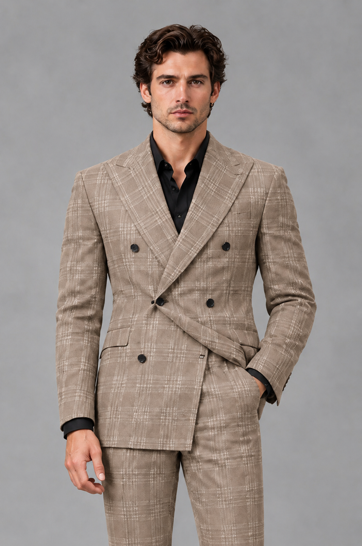 Savile Men's Rust Plaid 2-Piece Double-Breasted Suit – Peak Lapel Slim-Fit Jacket & Trousers Set - Taupe - Taupe